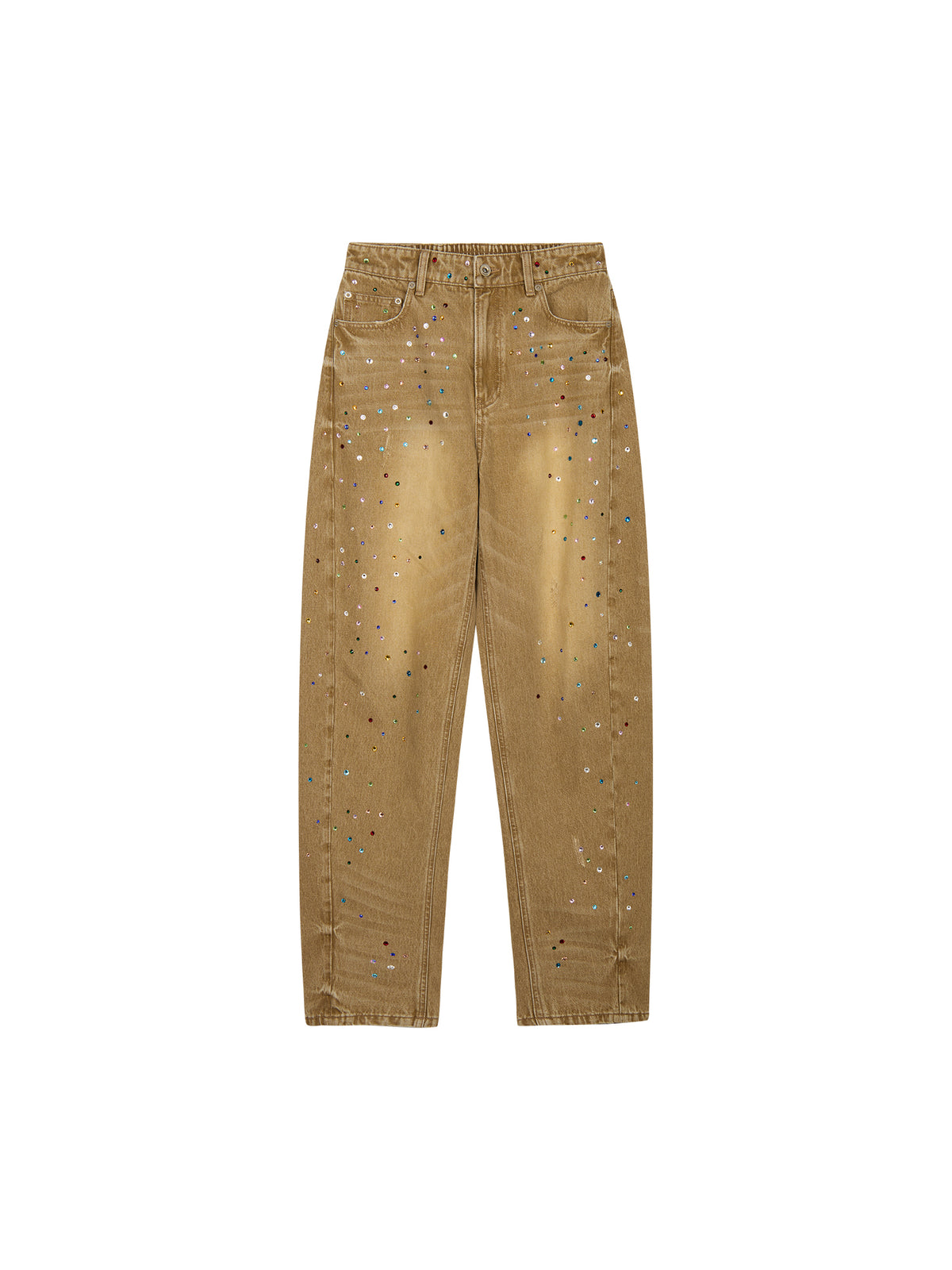 Rhinestone curved denim trousers