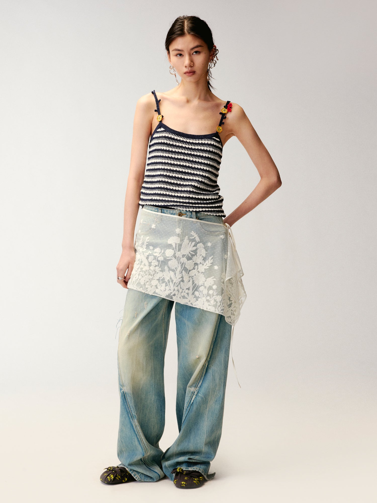 Hand-crocheted 3D floral and insect print knit cami