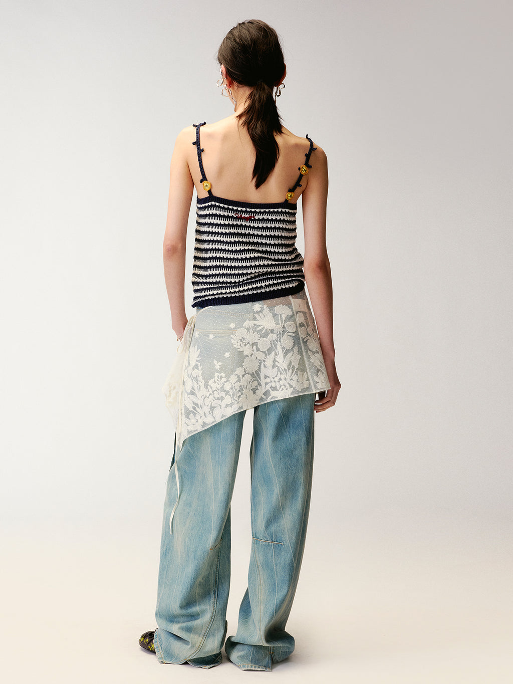 Hand-crocheted 3D floral and insect print knit cami
