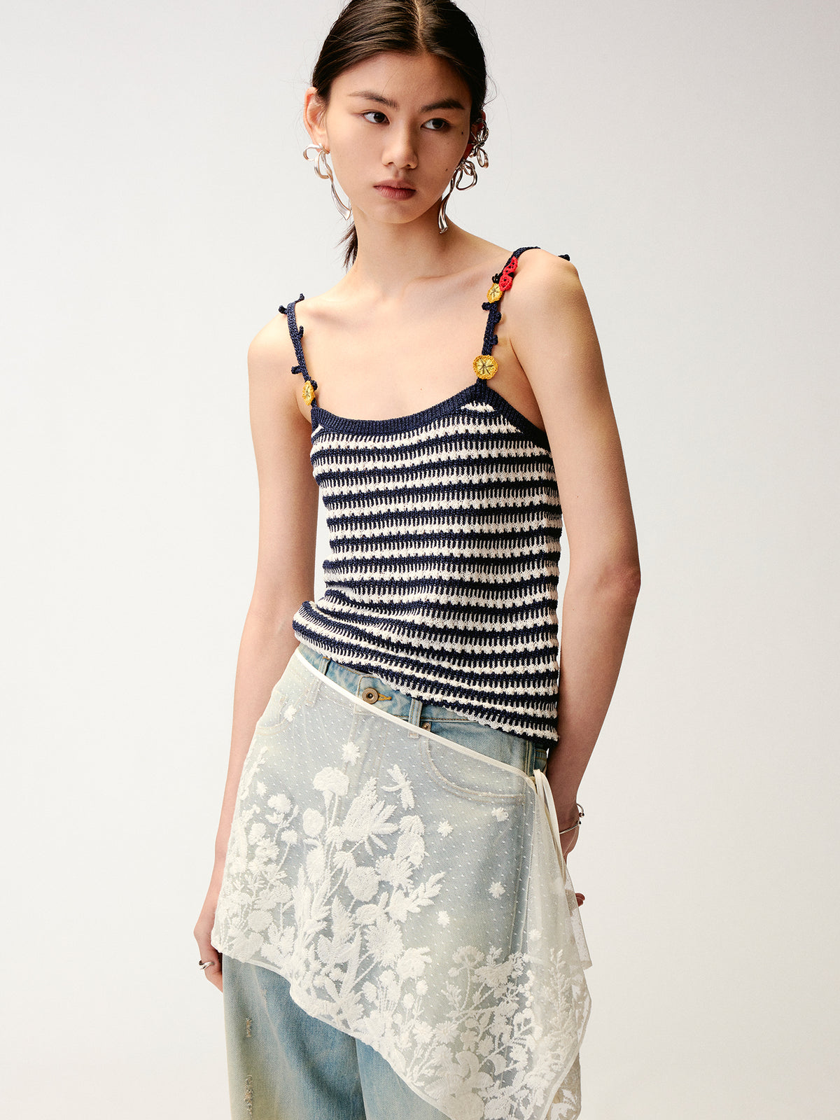 Hand-crocheted 3D floral and insect print knit cami