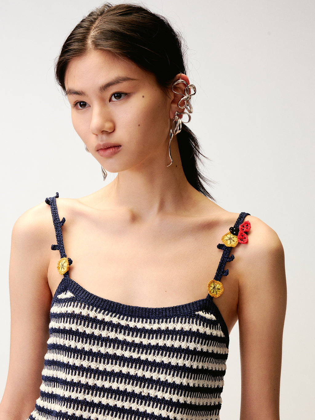 Hand-crocheted 3D floral and insect print knit cami