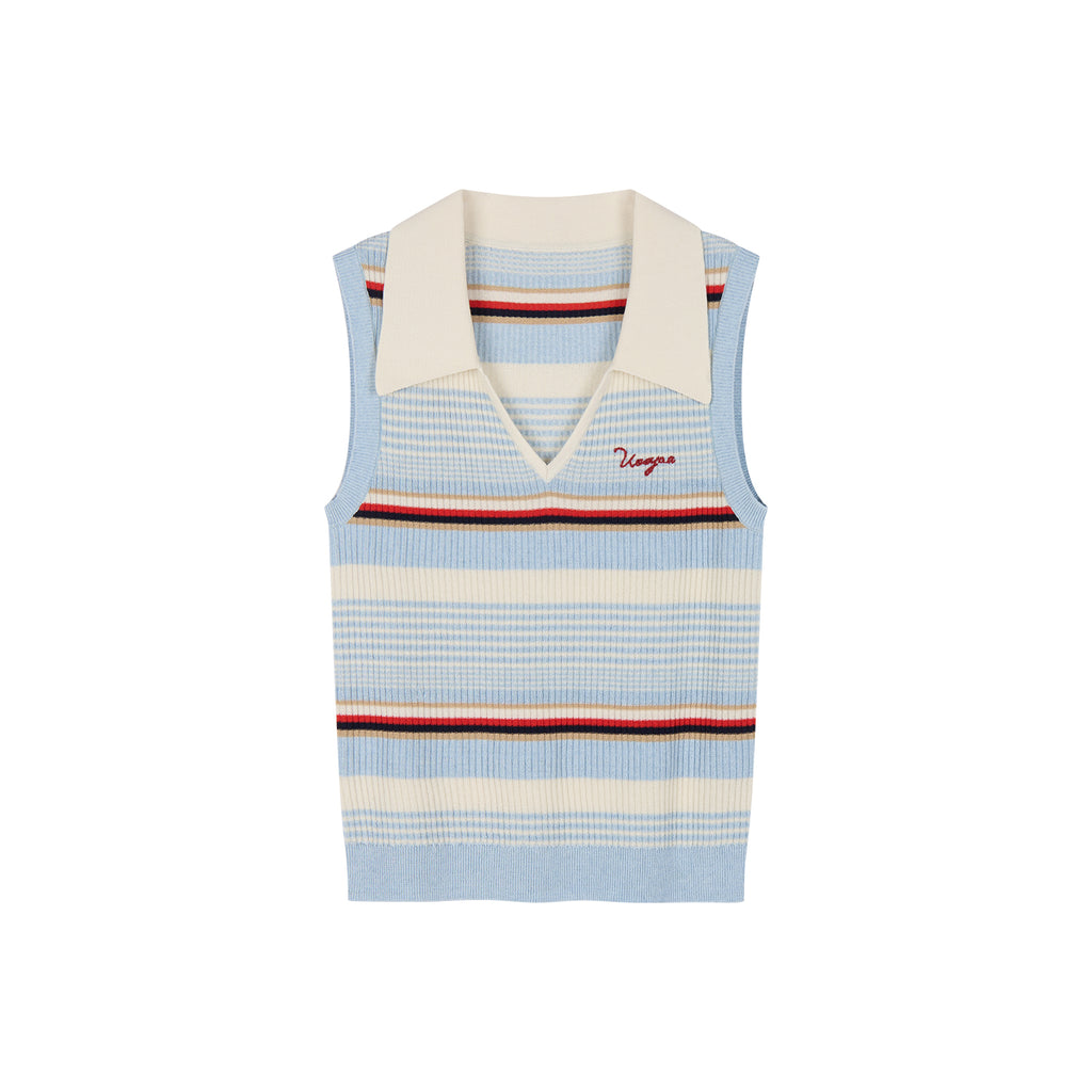 Polo-collar striped knit vest
