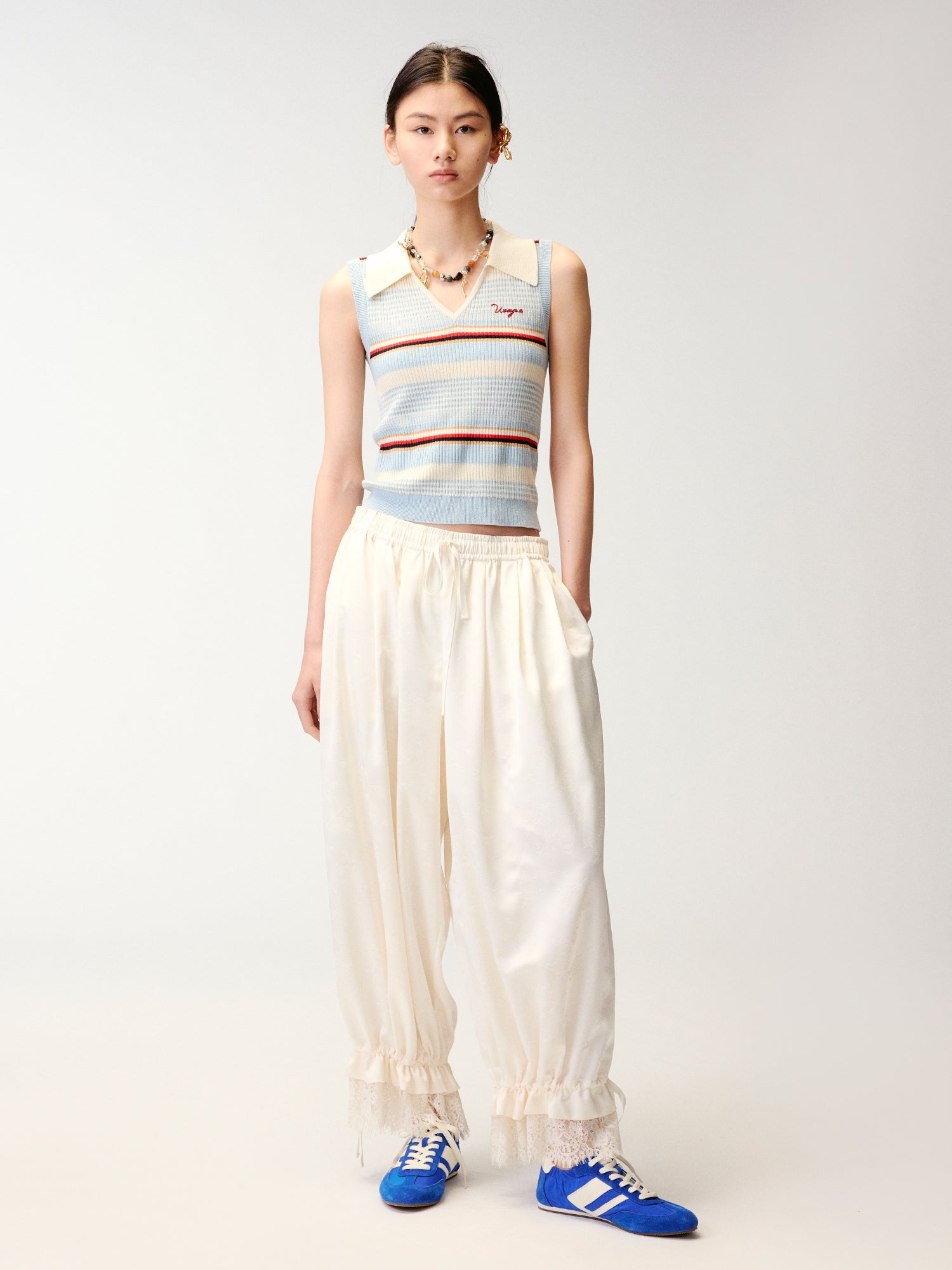 Polo-collar striped knit vest