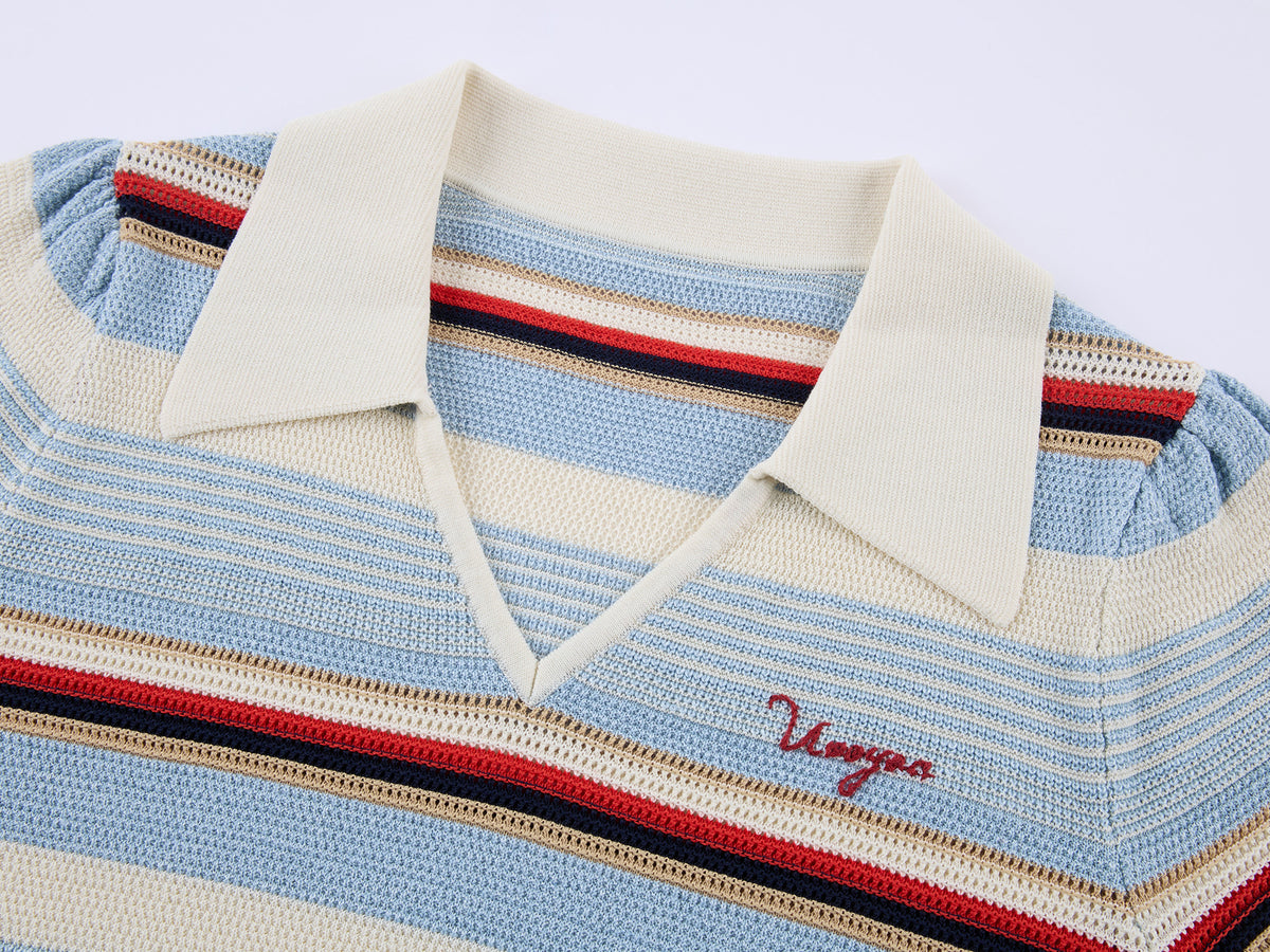 Polo-collar striped puff-sleeve knit T-shirt