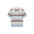 Polo-collar striped puff-sleeve knit T-shirt