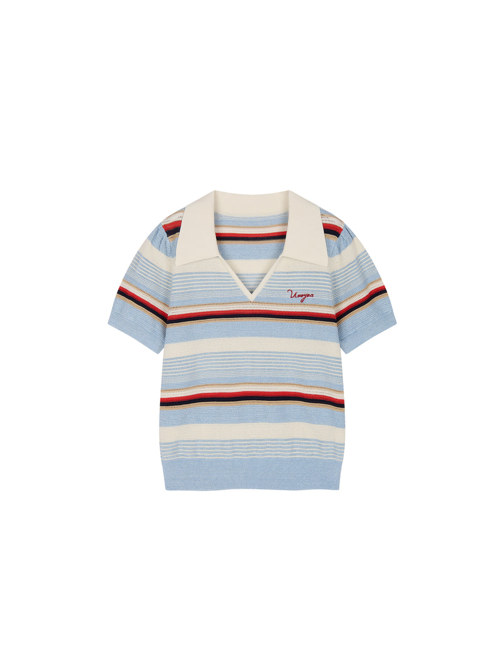Polo-collar striped puff-sleeve knit T-shirt