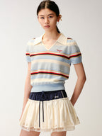 Polo-collar striped puff-sleeve knit T-shirt