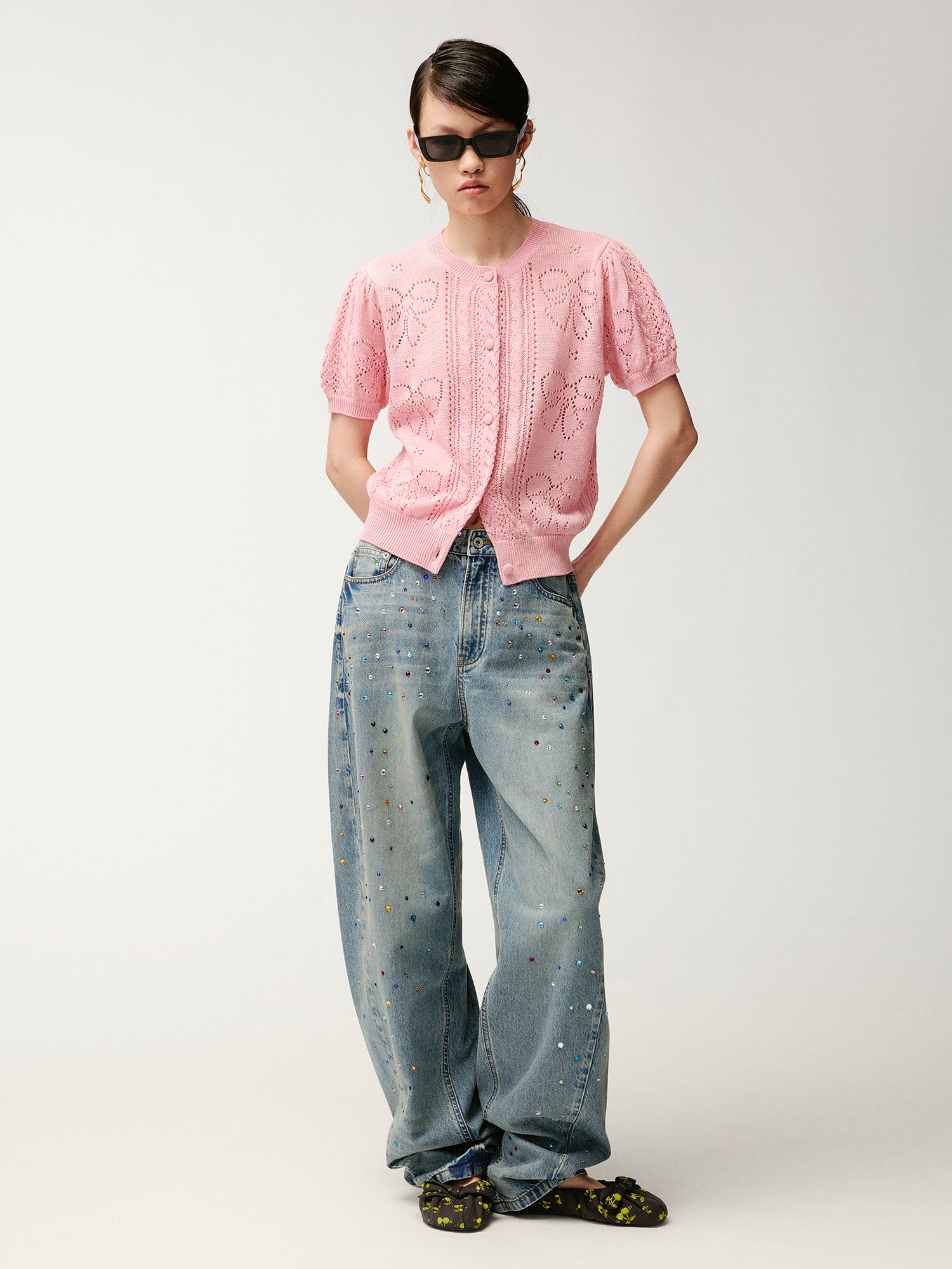 Bowknot hollow knit cardigan