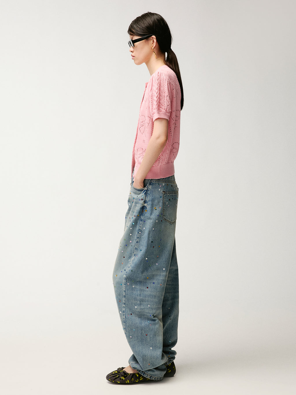 Bowknot hollow knit cardigan