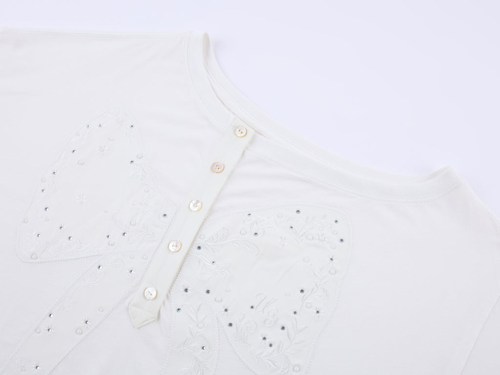Henley collar bow rhinestone off-shoulder T-shirt