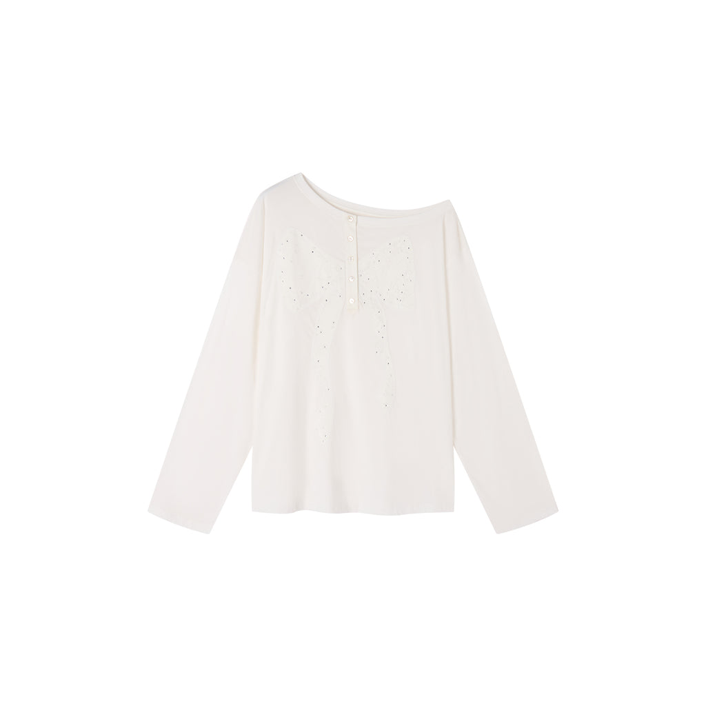 Henley collar bow rhinestone off-shoulder T-shirt