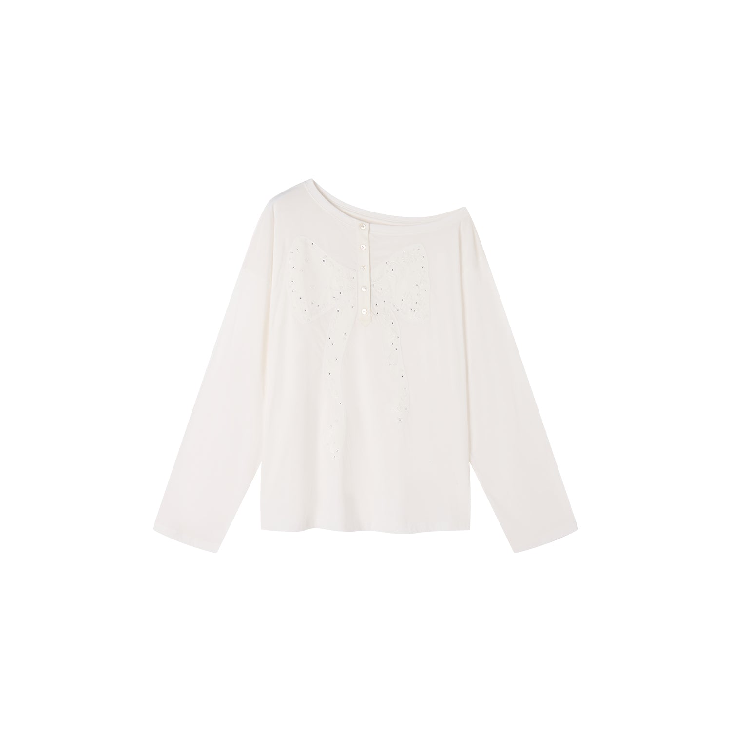 Henley collar bow rhinestone off-shoulder T-shirt