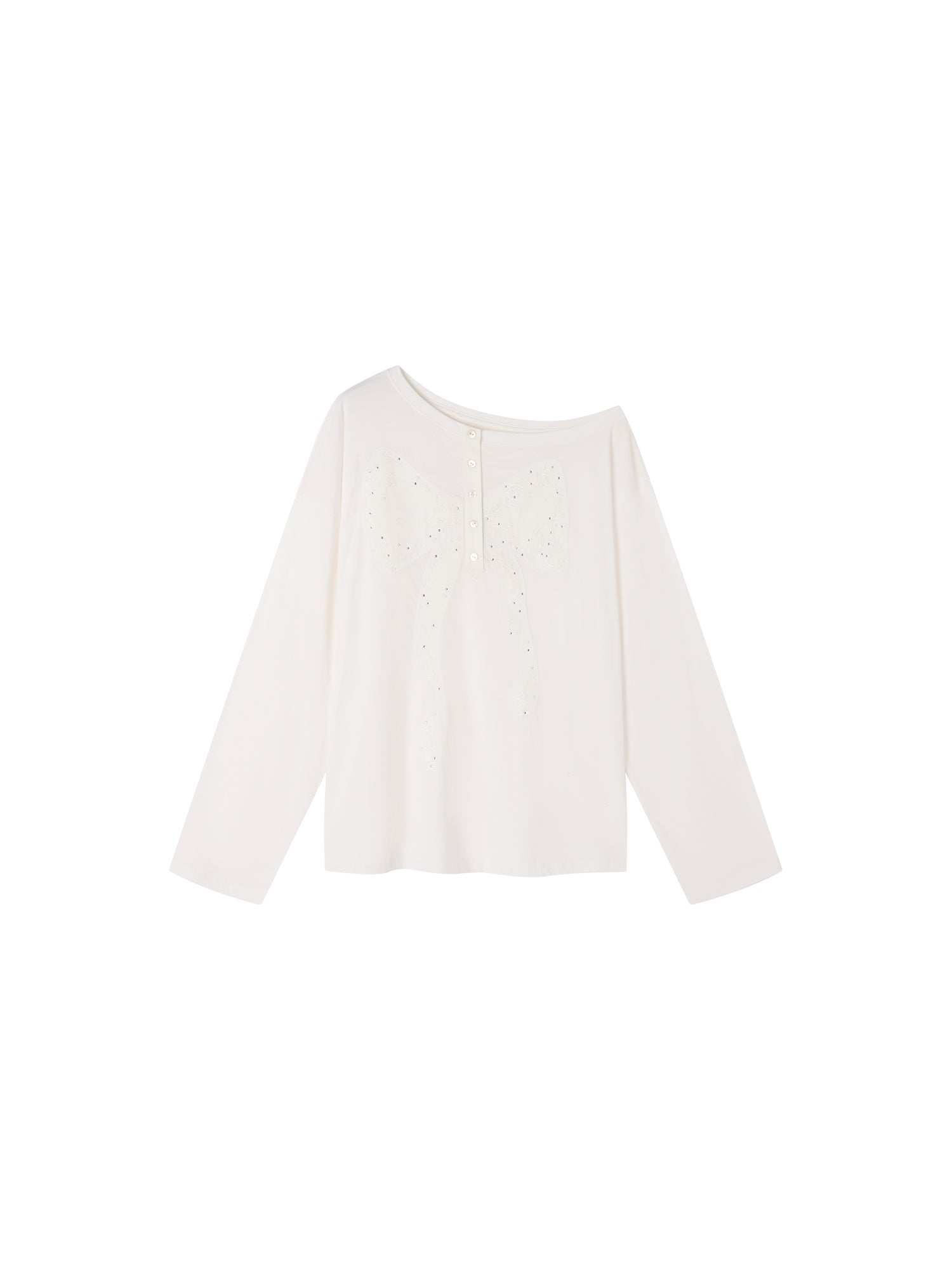 Henley collar bow rhinestone off-shoulder T-shirt