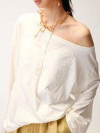 Henley collar bow rhinestone off-shoulder T-shirt