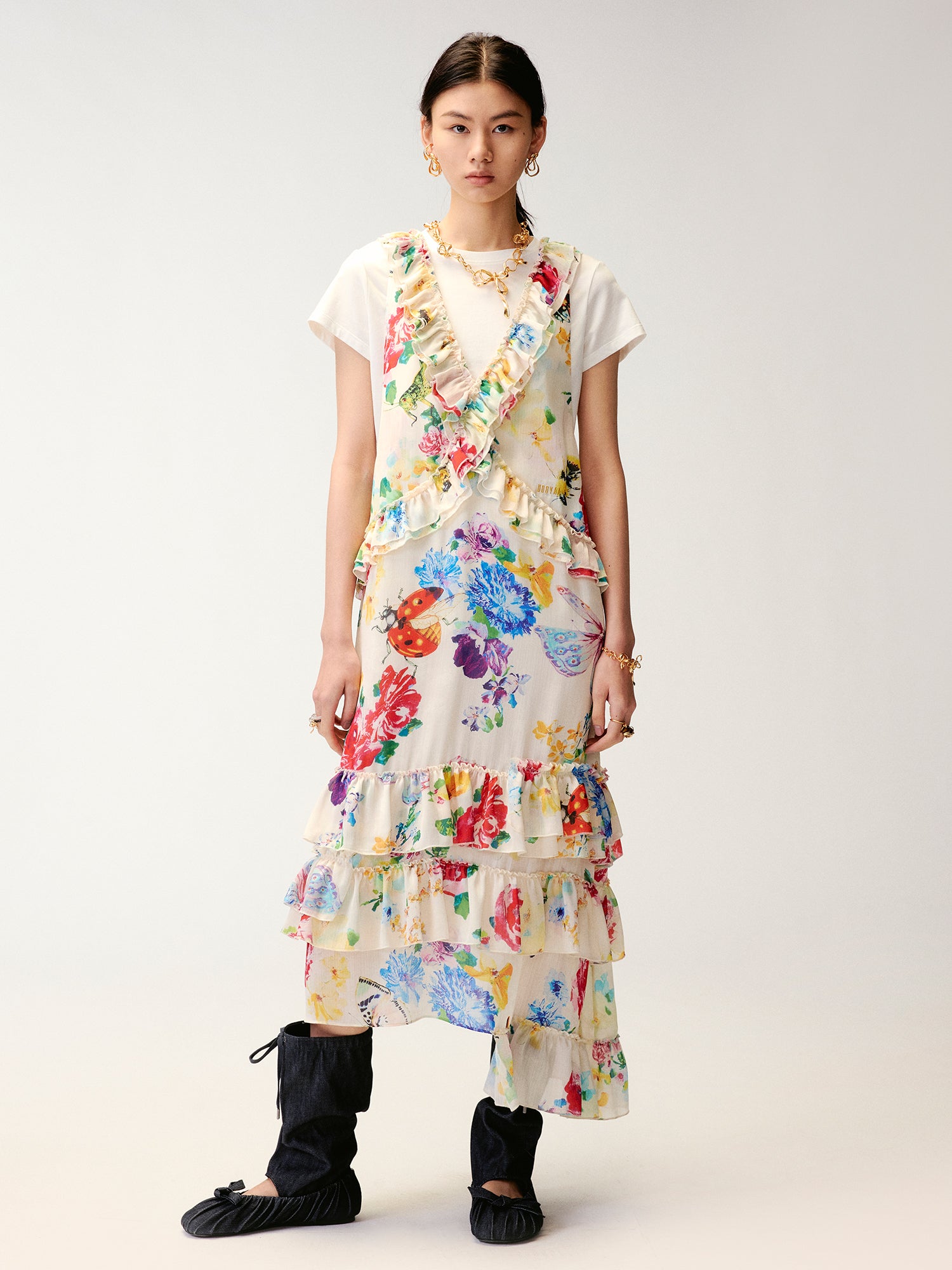 Floral and insect print suspender dress