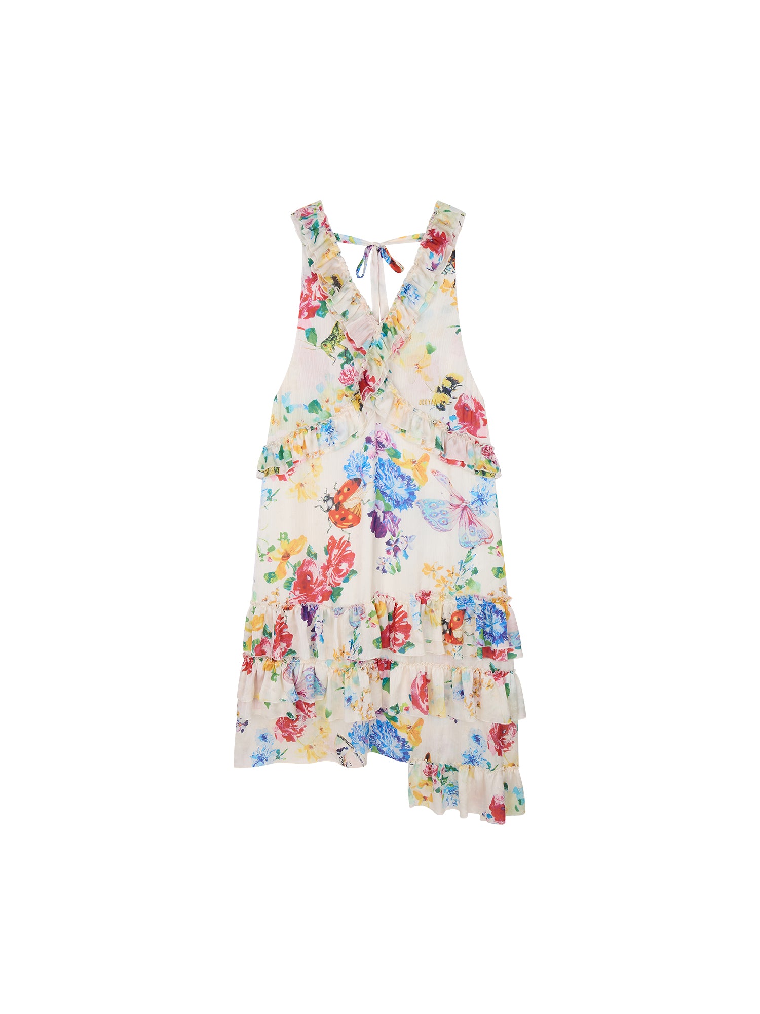 Floral and insect print suspender dress