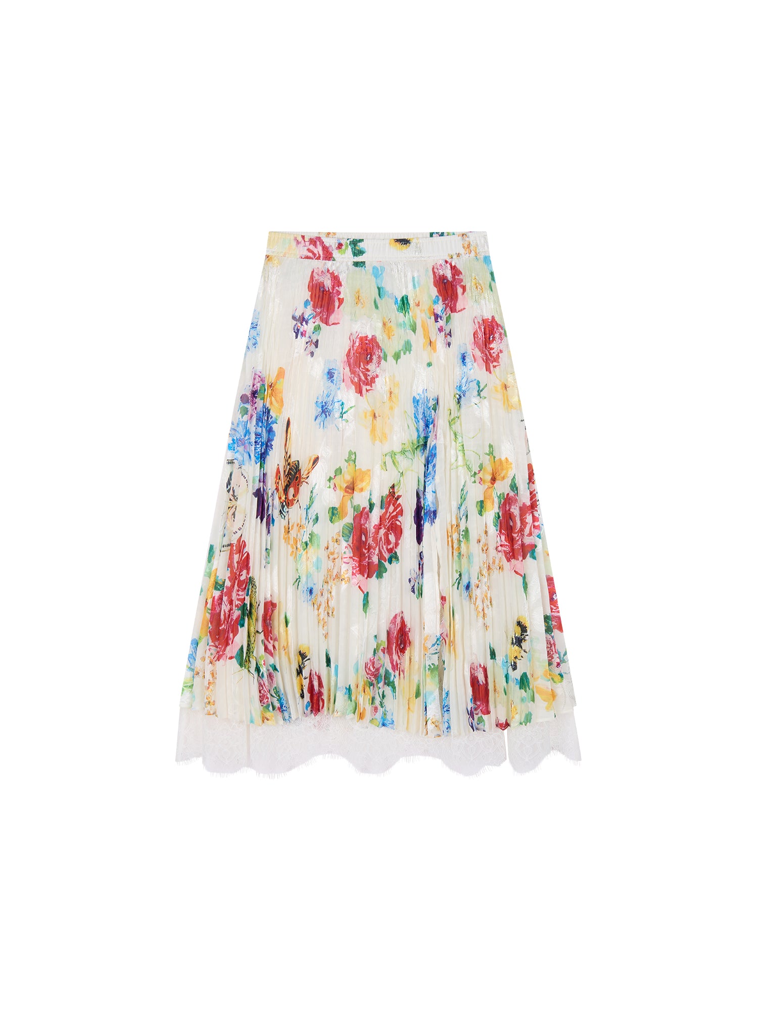 Floral and insect print lace pleated skirt