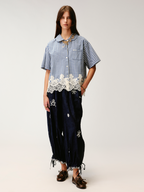 Rocking horse motif lace trims spliced plaid shirt