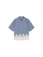 Rocking horse motif lace trims spliced plaid shirt