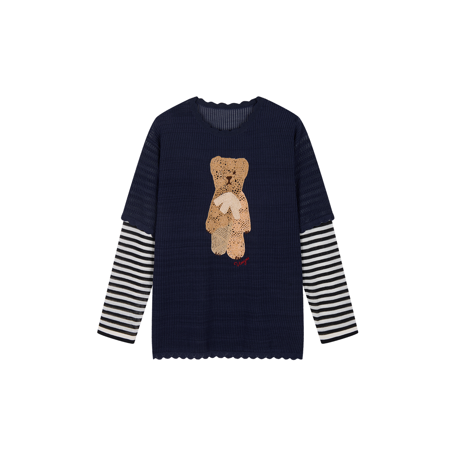 Openwork embroidered bear knit T-shirt