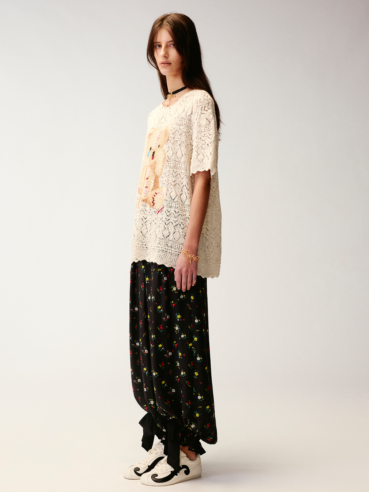 Openwork embroidered knit T-shirt