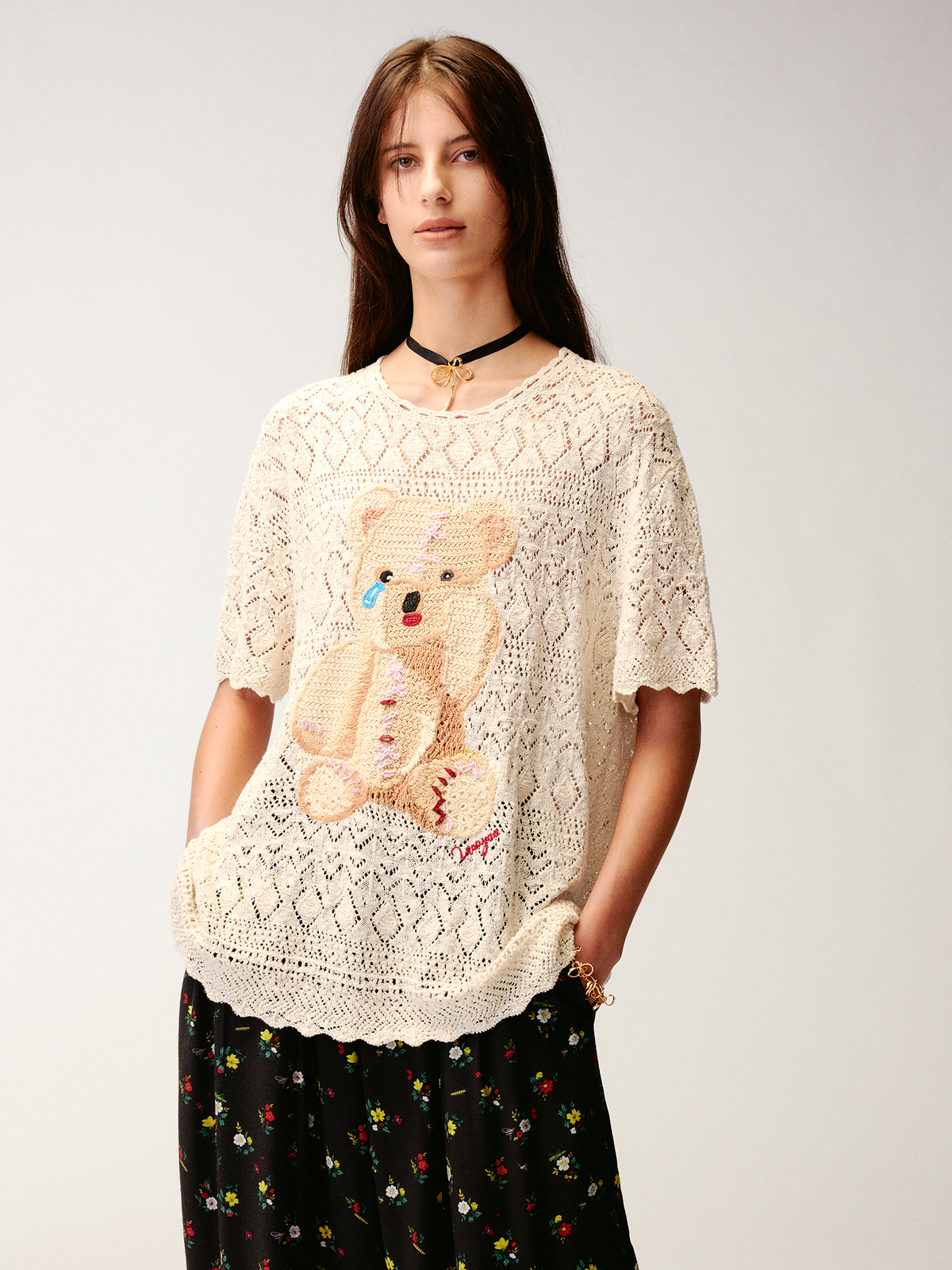 Openwork embroidered knit T-shirt