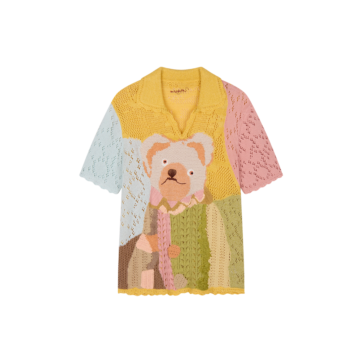 Handcrafted retro color-block bear knit T-shirt