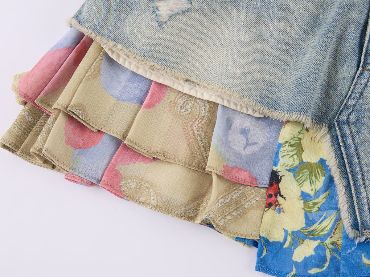 Irregular floral patchwork denim skirt