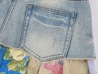 Irregular floral patchwork denim skirt