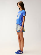 Irregular floral patchwork denim skirt
