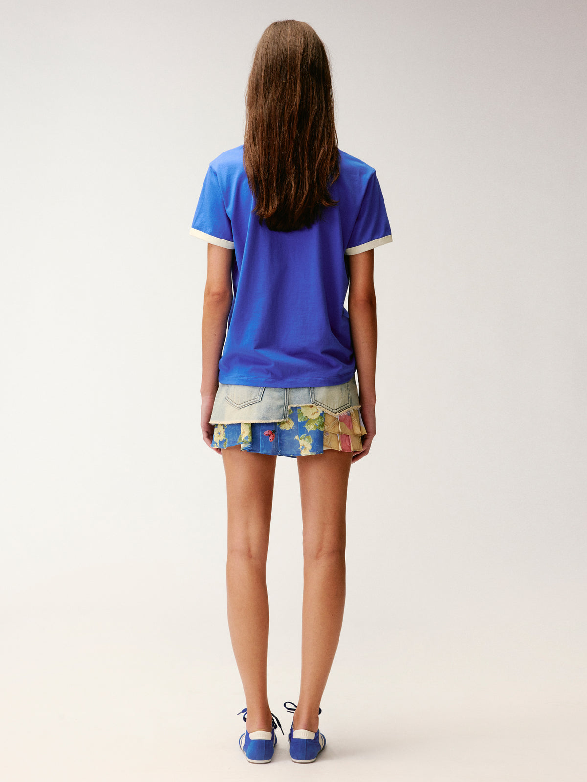 Irregular floral patchwork denim skirt