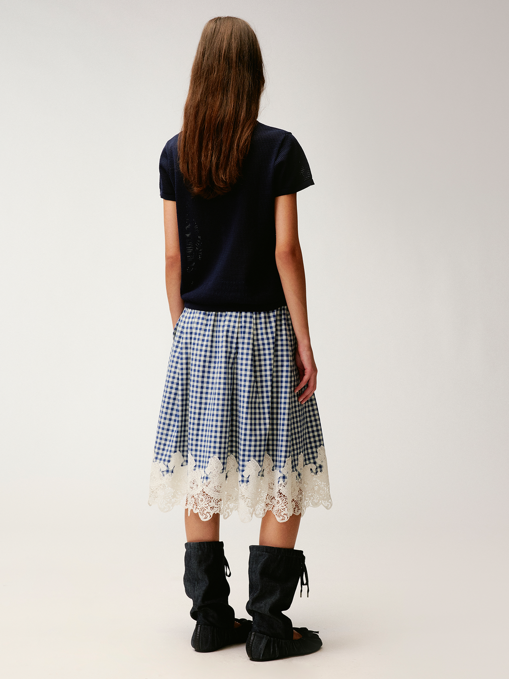 Rocking horse motif lace trims spliced plaid skirt
