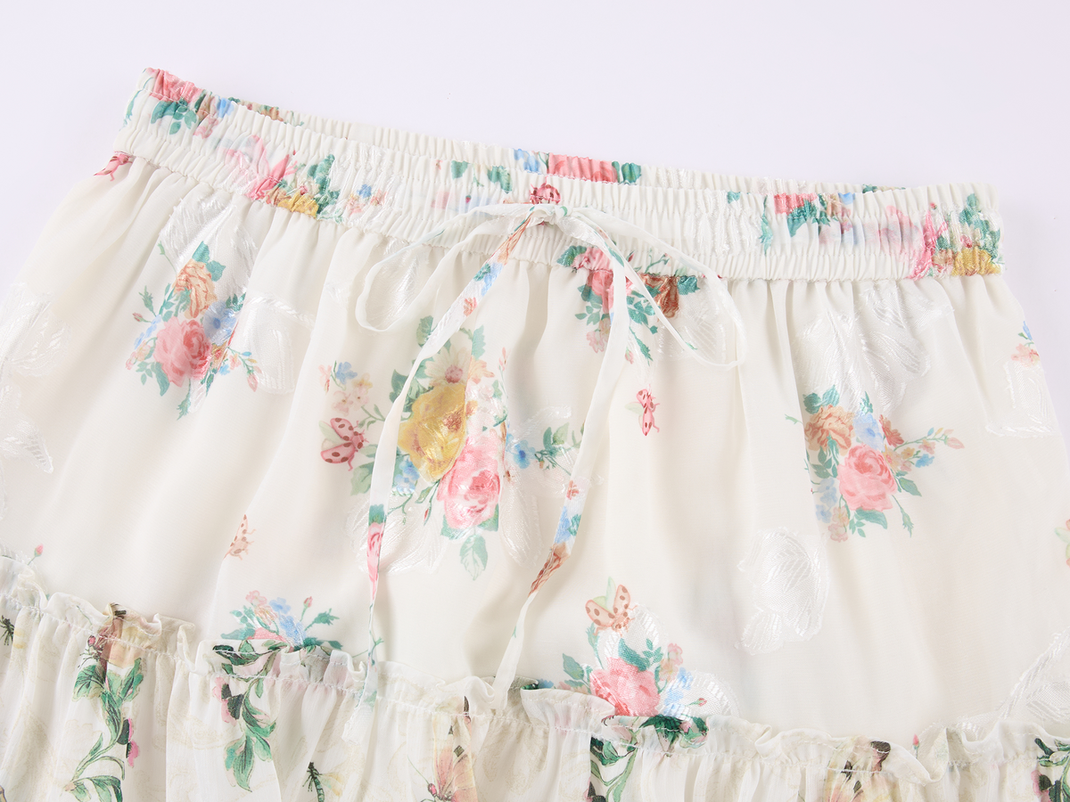 Floral print lace spliced tiered skirt