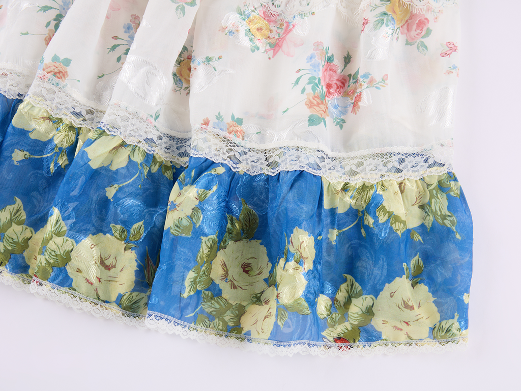Floral print lace spliced tiered skirt