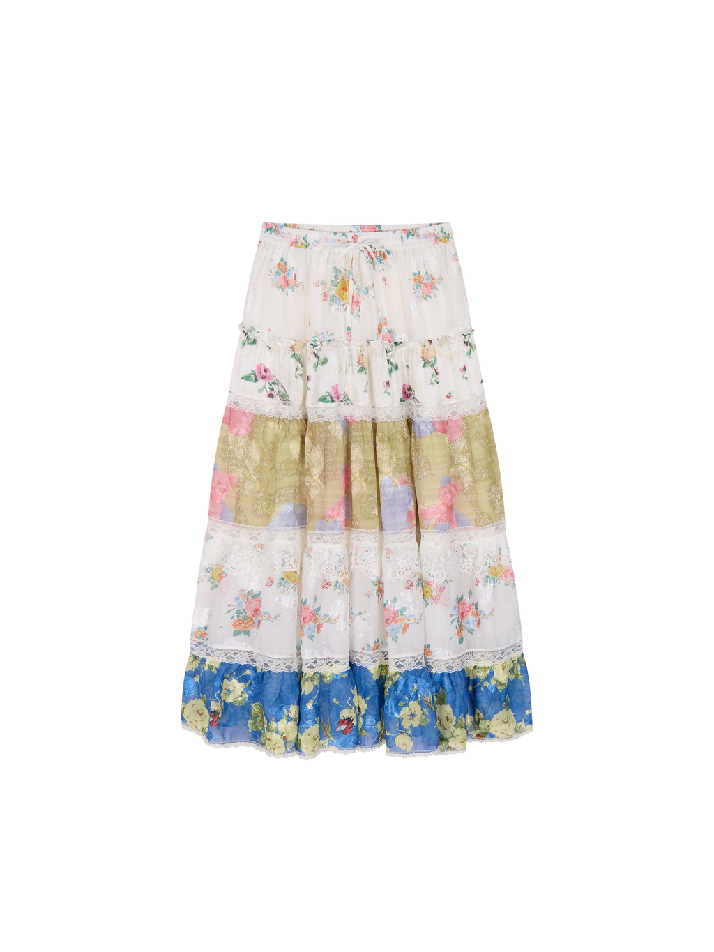 Floral print lace spliced tiered skirt