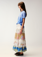 Floral print lace spliced tiered skirt