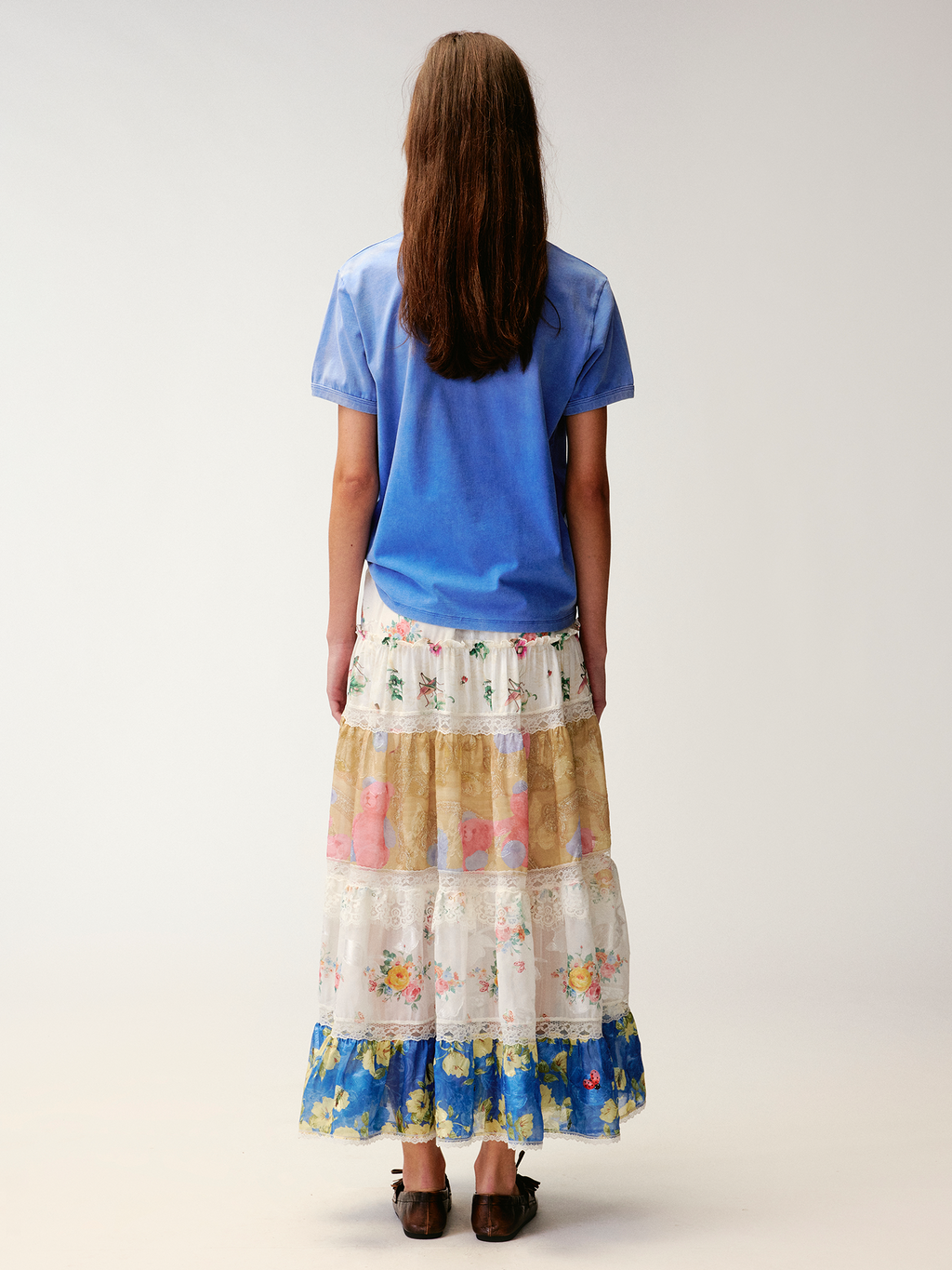 Floral print lace spliced tiered skirt
