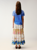 Floral print lace spliced tiered skirt