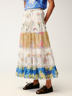 Floral print lace spliced tiered skirt
