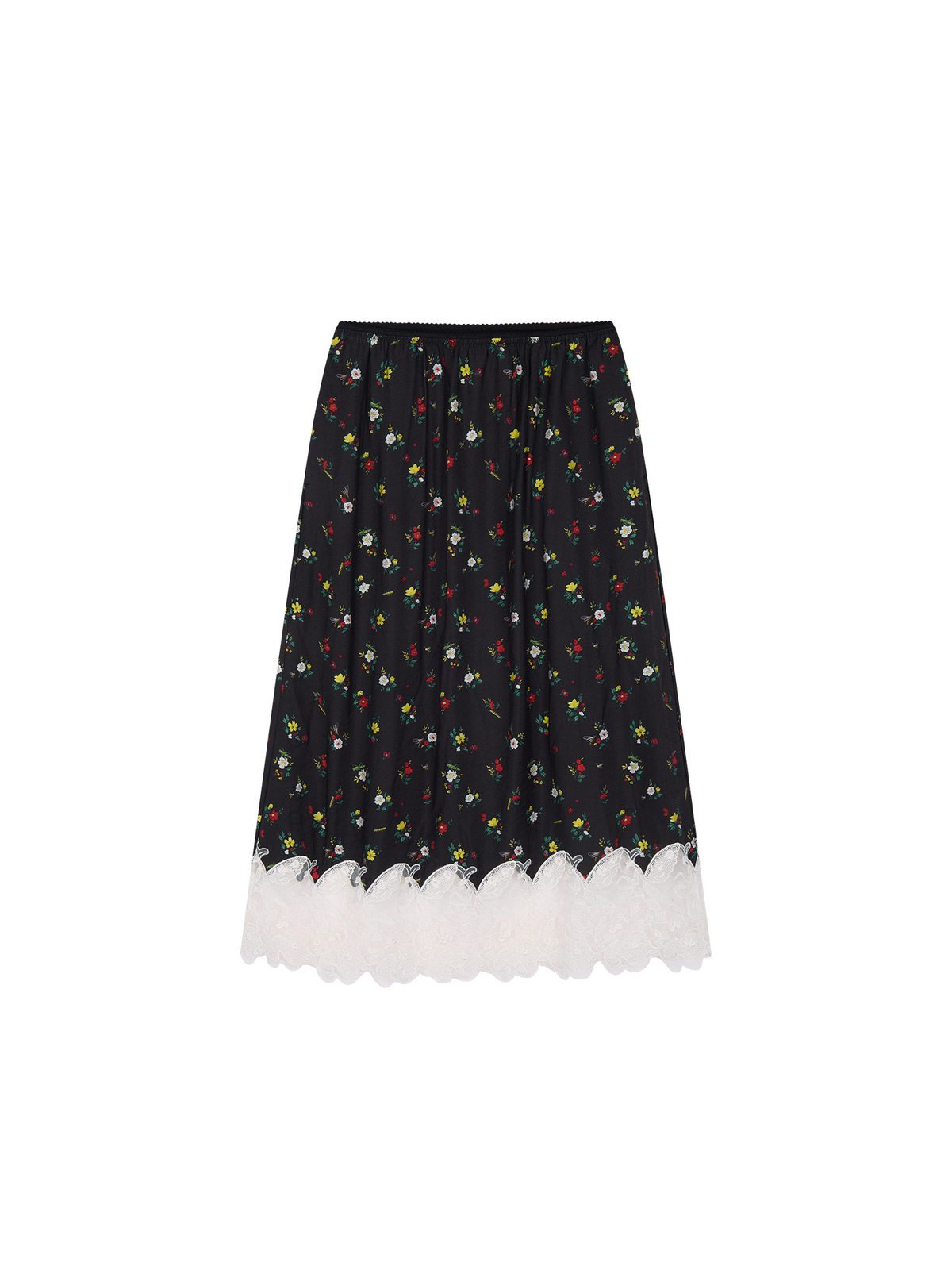 Insect motif lace trims spliced floral skirt