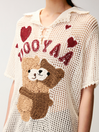 Hand-crocheted cutout teddy bear knit T-shirt