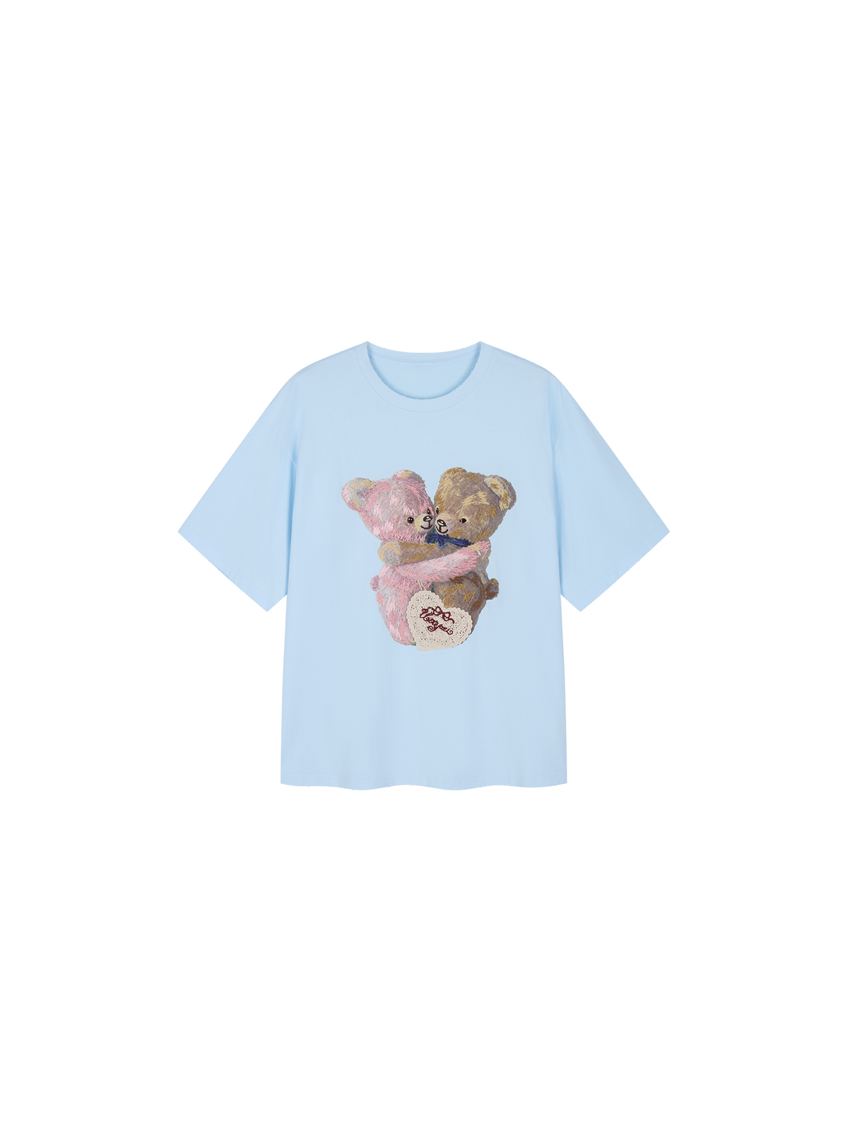 Embroidered teddy bear heart crewneck T-shirt