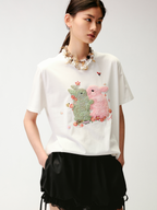Embroidered hugging rabbit crewneck T-shirt