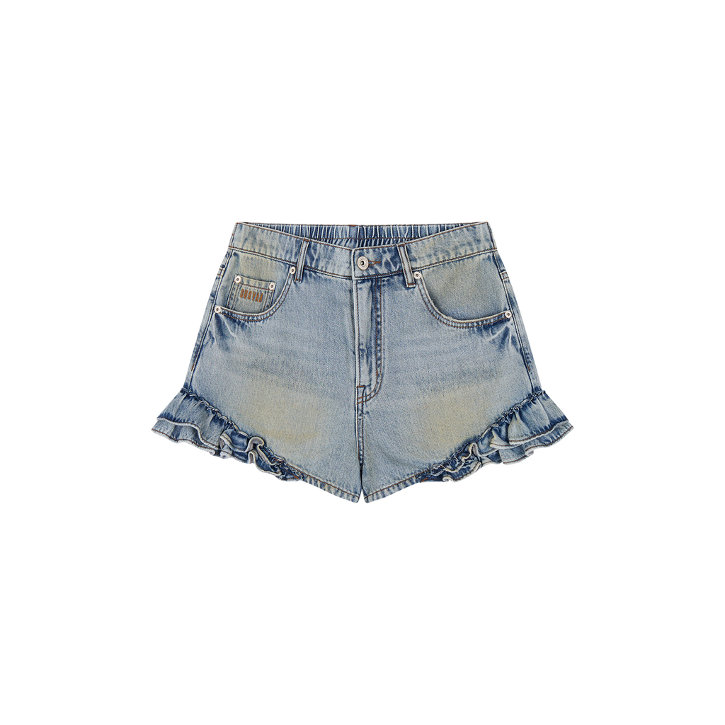 Ruffled hem denim shorts