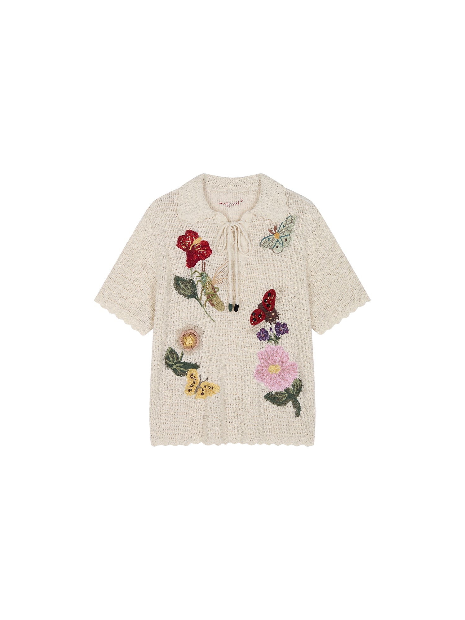 Hand-crocheted insect and floral tie-front polo knit shirt
