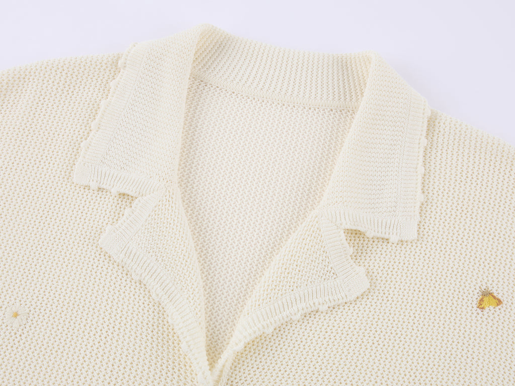 Hand-embroidered insect and floral cuban collar cardigan
