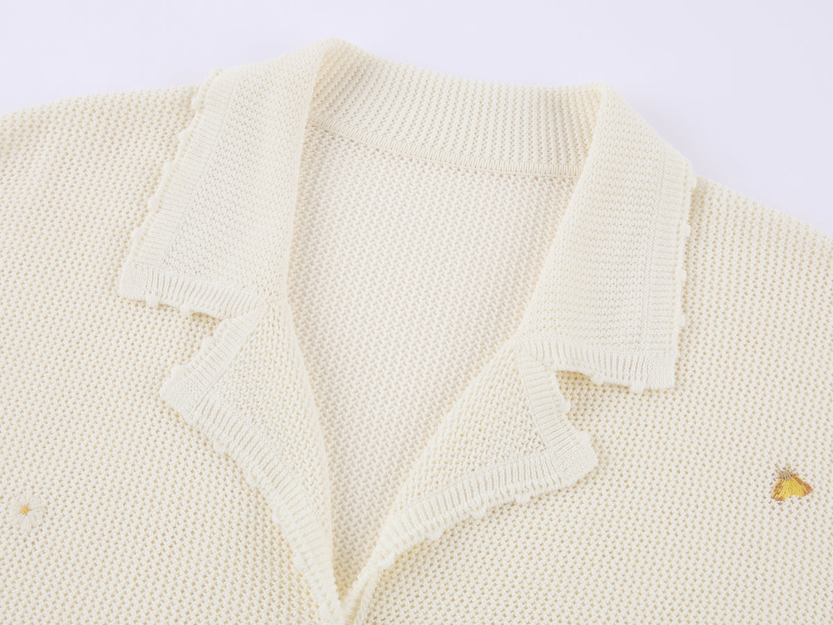 Hand-embroidered insect and floral cuban collar cardigan