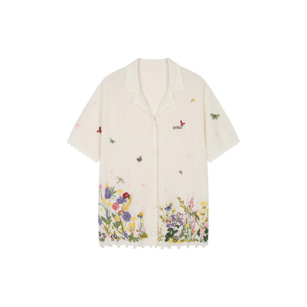 Hand-embroidered insect and floral cuban collar cardigan