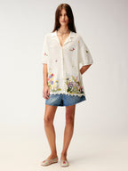Hand-embroidered insect and floral cuban collar cardigan