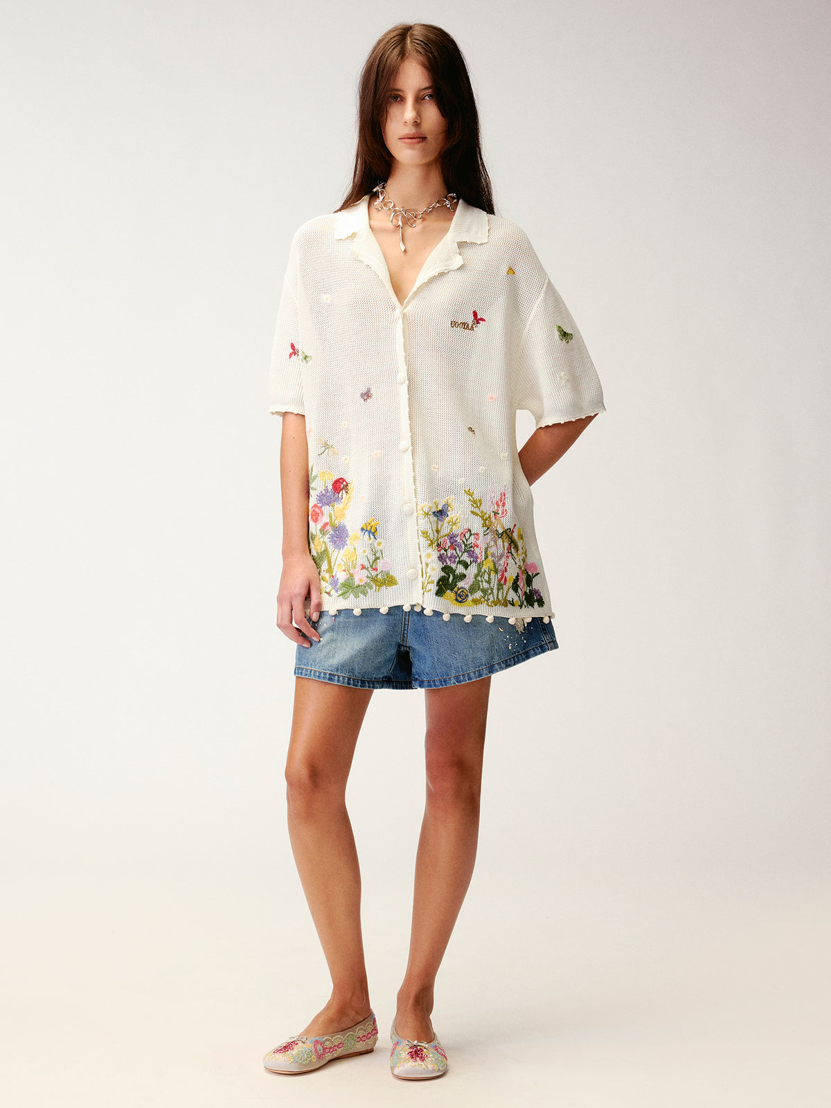 Hand-embroidered insect and floral cuban collar cardigan